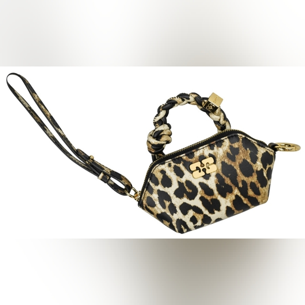 Nwt Ganni Nano Mini Leopard Print Wristlet with Gold Accents